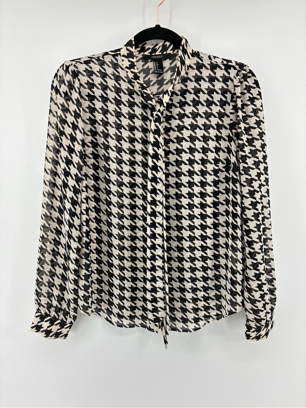 Forever 21 Black & White Houndstooth Tie-Neck Blouse SHEER Button Up